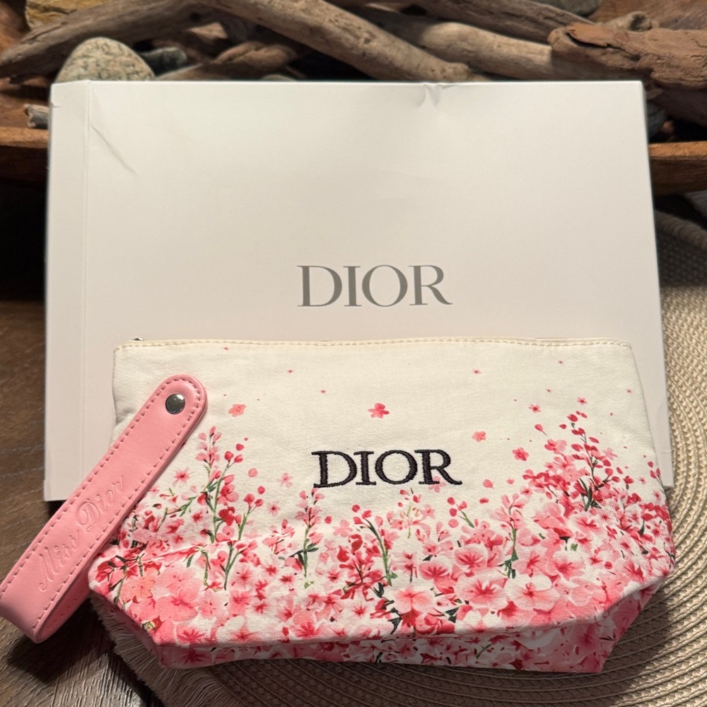 Dior Limited Edition White & Pink Floral Canvas Cosmetic Pouch/Wristlet - Picture 2 of 5